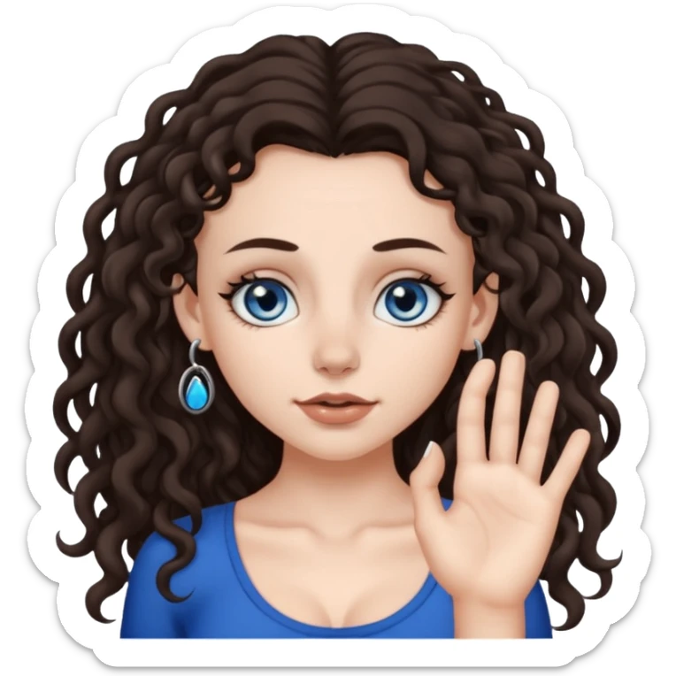 white girl, dark brown long slightly curly hair , skinni but with big breast , septum piercing on nose, beautiful dark gray-blue eyes, showing her toes , sticker