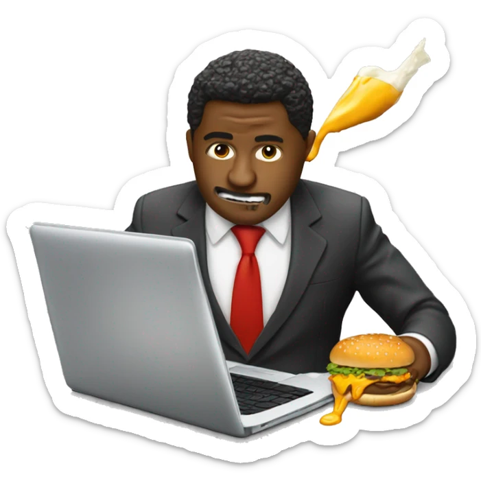 A business man in a suit eating a messy cheeseburger that is dripping sauce onto his laptop sticker