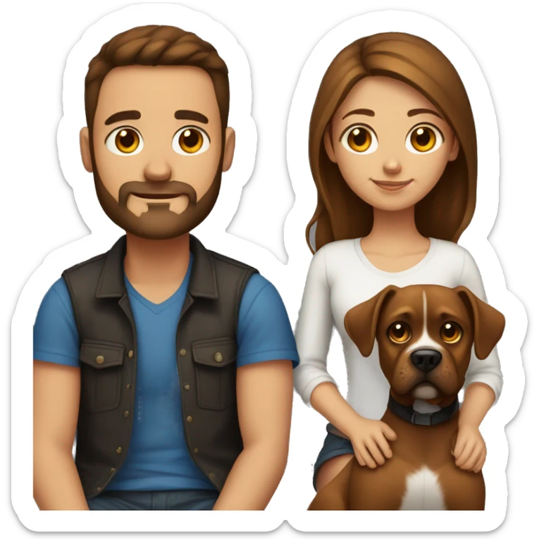a girl with brown hair, a man with short buzz brown hair with a beard, sitting, with two brown boxer dogs sticker