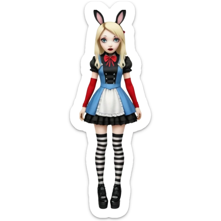  3d rendering, ultra detailed, Alice in wonderland modern style in a punk gothic style outfit, stripped knee high socks, gothic platform heels, long blonde hair, eyeliner, red lipstick, falling through rabbit hole,  still life image, transparent background
 sticker