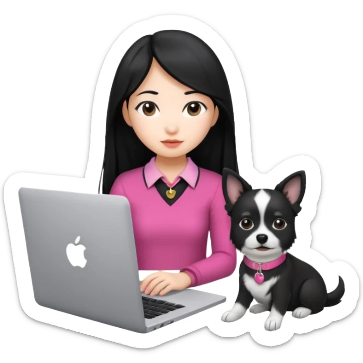 Asian girl with long black hair working on an Apple laptop, next to her is a small black and white dog with pink collar on  sticker
