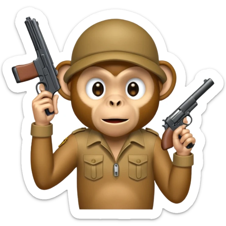 “A monkey covering his mouth with one hand and holding a gun to his head with the other hand.” sticker