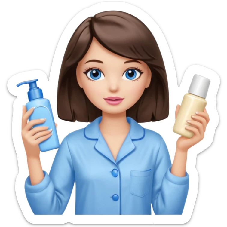 Barbie girl with makeup, blue eyes , and bob long haircut wavy, short brown hair in creamy color pajamas, face cream in hand sticker