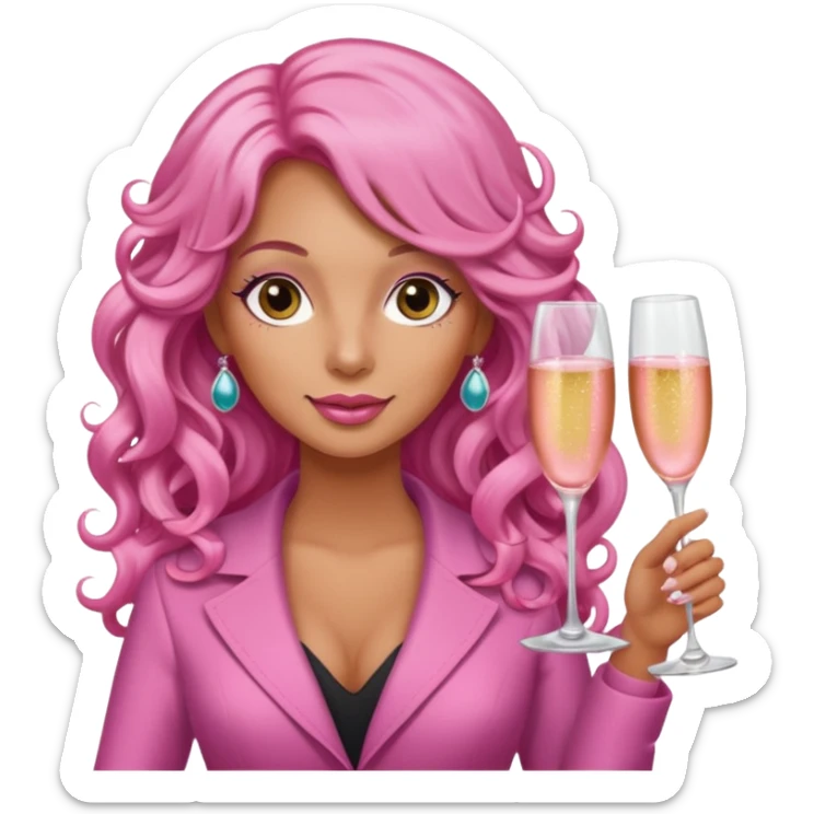 One lady with long pink curled hair and tan skin holding two pink champagne glasses sticker