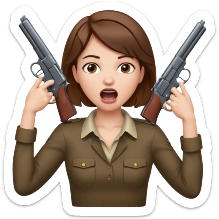 the woman emoji with brown hair and white skin choking herself  with both hands around her neck with her mouth open and two arms from behind her holding a gun in each hand point directly at her head sticker