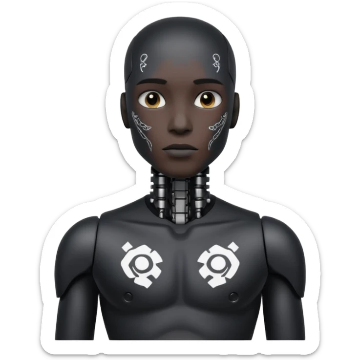 black Tatooed robot, big many tatooes on chest, neck and face, white tatoo on face sticker