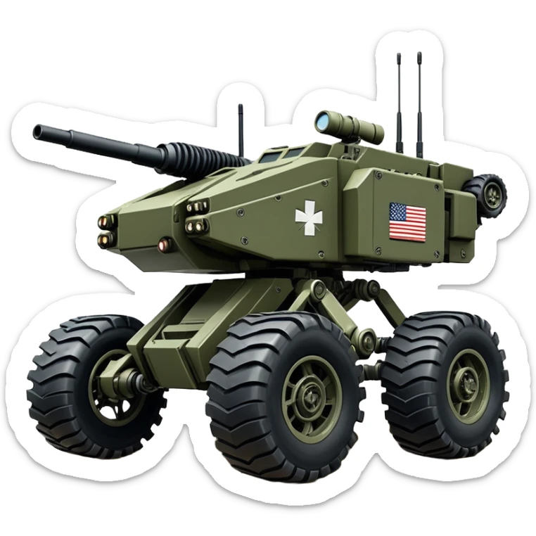 a roomy American 8-wheel armored medical personnel stealth camouflage army massive mech trail vehicle shooting forward side-hill leaning actively robotically articulating hydraulic independent suspended pod gimbal enemy mech off-road racing rover with large fast engine RC basher crawler megatron  sticker