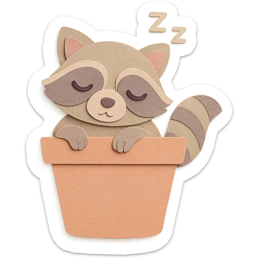 Sleepy raccoon inside a flower pot, pastel earthy colors, soft pastel colors, high-quality design, paper-craft style sticker