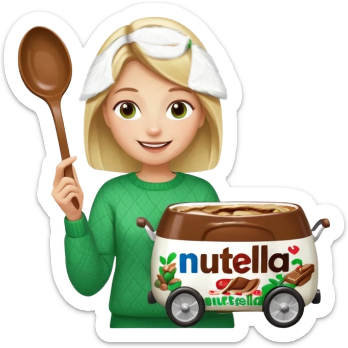 Blond woman with white and green pullover holds in one hand a big carriage of Nutella and in the other hand a oversized spoon which is in the carriage of Nutella sticker