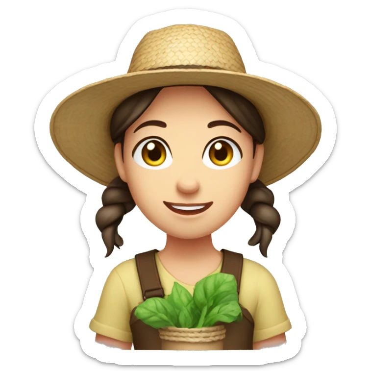 farmer girl, blue eyes, dark brown hair, with a straw hat, ponytail, holding greens sticker