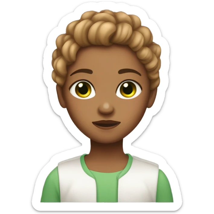 A girl with broken hair and eyes, in love with a light skin, light brown hair, green and Bron eyes, litle bold boy sticker