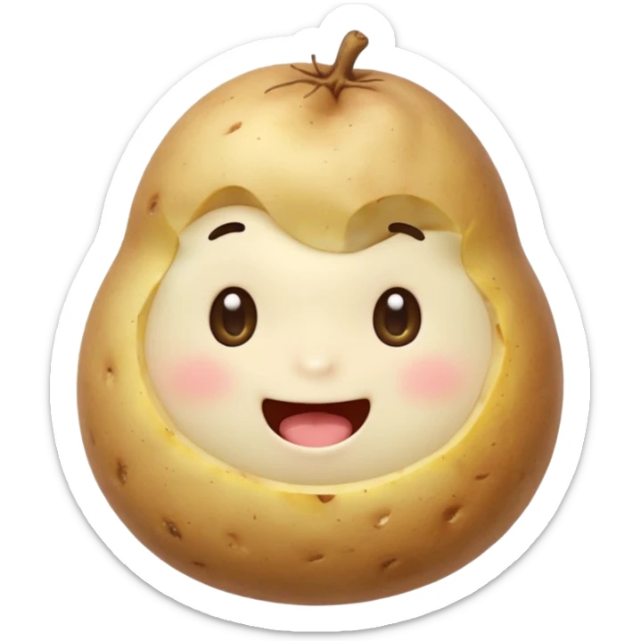 cute emoji-style character happily eating a potato, round face, big sparkling eyes, soft colors, blushing cheeks, holding a steaming potato with a bite taken out, friendly and cheerful expression, simple and adorable design like LINE or Kakao Friends style sticker