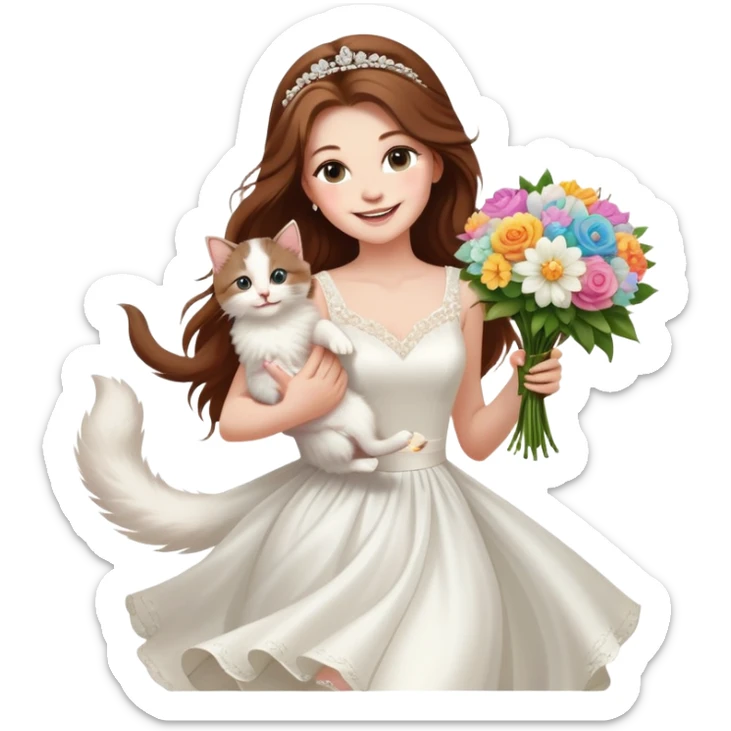 White woman - long hair - white wedding dress - holding a kitten - happy - jumping - fashionable - elegant - bouquet - dreamy - colorful - pearl accessories sticker
