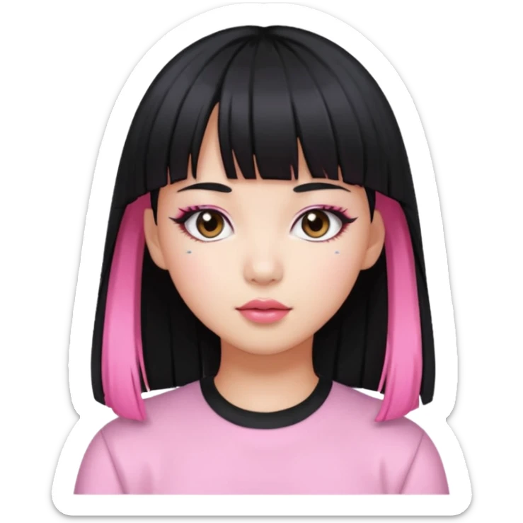Girl with black hair but pink bangs and has a K-pop global pop star face sticker