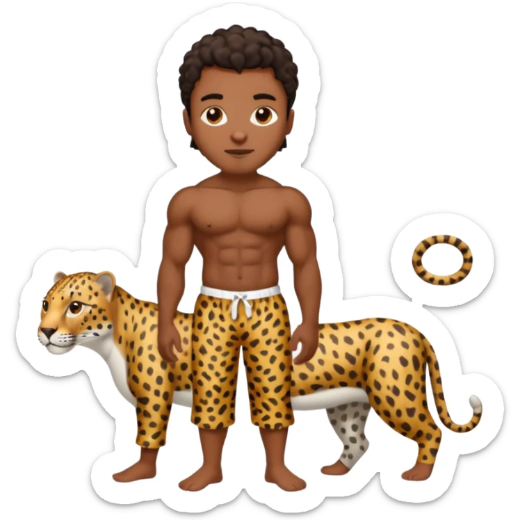 Handsome Black guy with brown skin tone, with muscular build, wearing loose fitting leapard print pajamas and white slippers  sticker