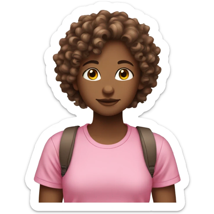 Curly girl with brown hair and pink t-shirt sticker