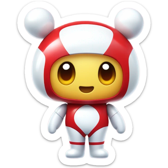 Very shiny full body character with pill capsule head with retro antennae and jetsons aesthetic sailor moon eyes  puffy body and welcoming waving arms Japanese animation inspired Anpanman with big boots and antennae red and white colors only sticker