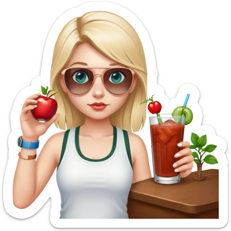 girl with long blond pig tailed hair
with blue eyes
and aviator sunglasses
wearing white tank top 
holding bloody mary
wearing (rose gold apple watch with forest green band) sticker