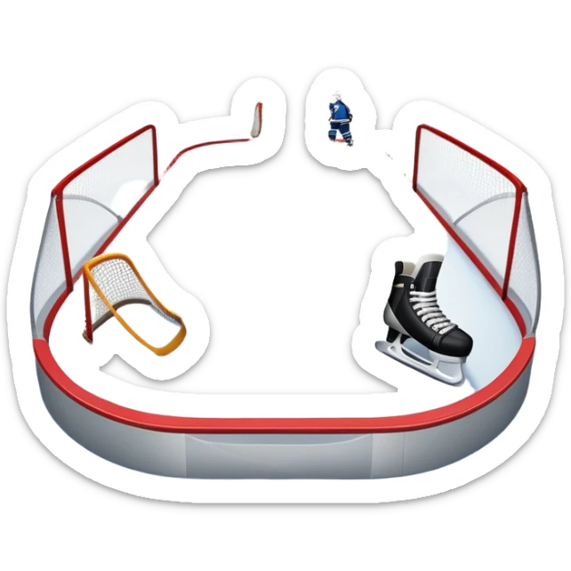 An icon showing a hockey stick, puck, skates, and goalposts on the ice. The background features a large hockey stadium with cheering fans, bright lights, and a snowy landscape visible through the arena. Transparent background highlights the main hockey equipment and atmosphere. sticker
