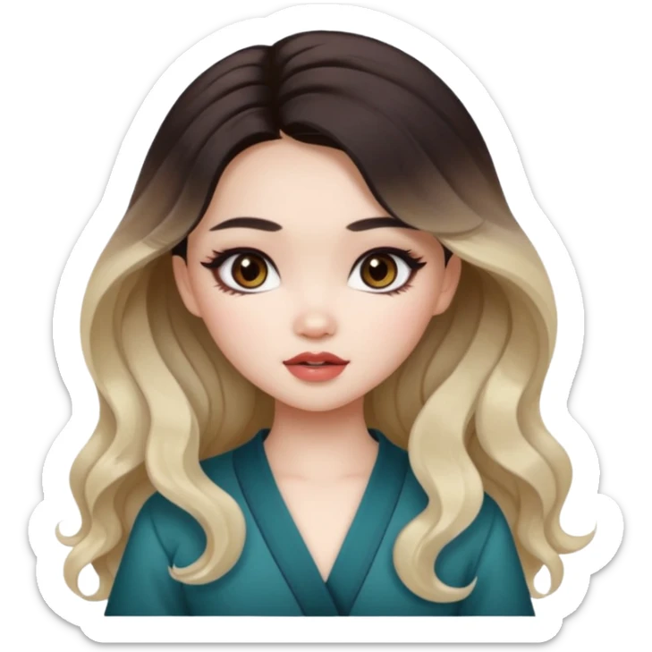 pale skin, girly bratz ASIAN vietnam baddie, dark brown eyes, pretty makeup, long dark to light ombré colored hair, wavy hair sticker