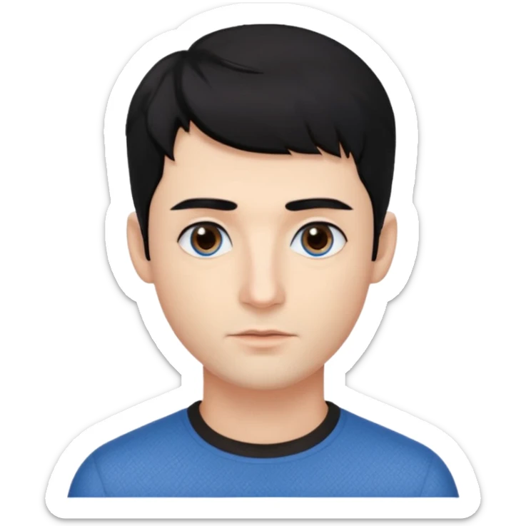 Man. With black hair. Hairstyle texture krop. The skin is beige. One eye is brown, the other is blue. The lips are not big. Beautiful nose. sticker