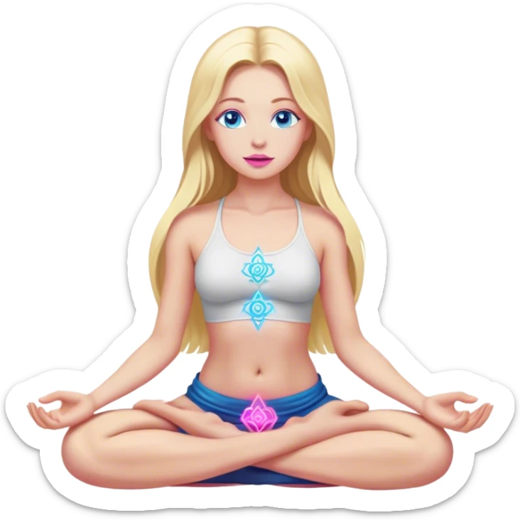 Cinematic realistic blonde with long hair, blue eyes and pink lips meditates, her chakras glow sticker