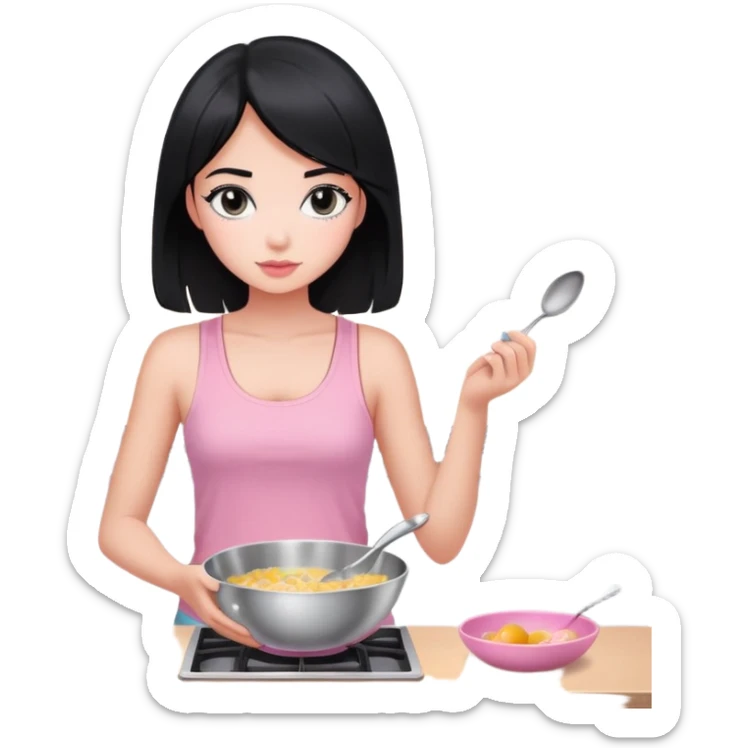 girl with black hair and black eyes white tone skin wearing pink pastel tanktop, and holding a silver bowl cooking or mixing something sticker