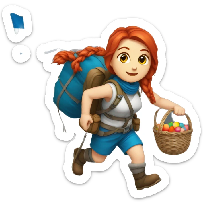 red hair female winter mountaineer climbing with Easter eggsbasket and Greek flag sticker