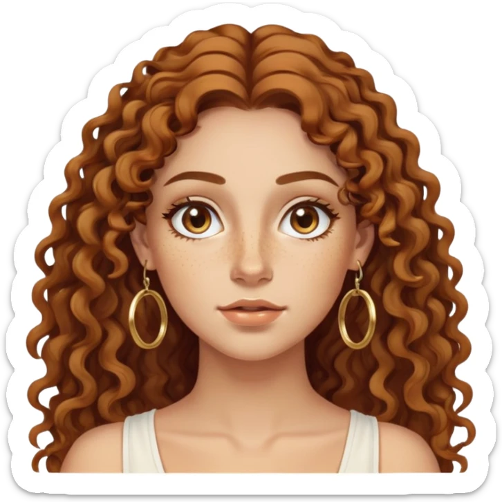 Attractive Greek woman with a wide face, freckles, long curly amber-brown hair and gold hoop earrings sticker