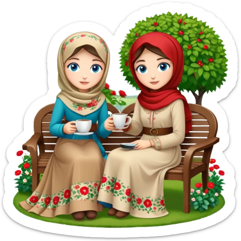 Turkish beautiful finish Konya girls blue eyes with Beautiful beige red green floral hijab long tail dress and this two friends sit in a lovely garden on the chair on the ground and holds cup coffe with her hand  sticker
