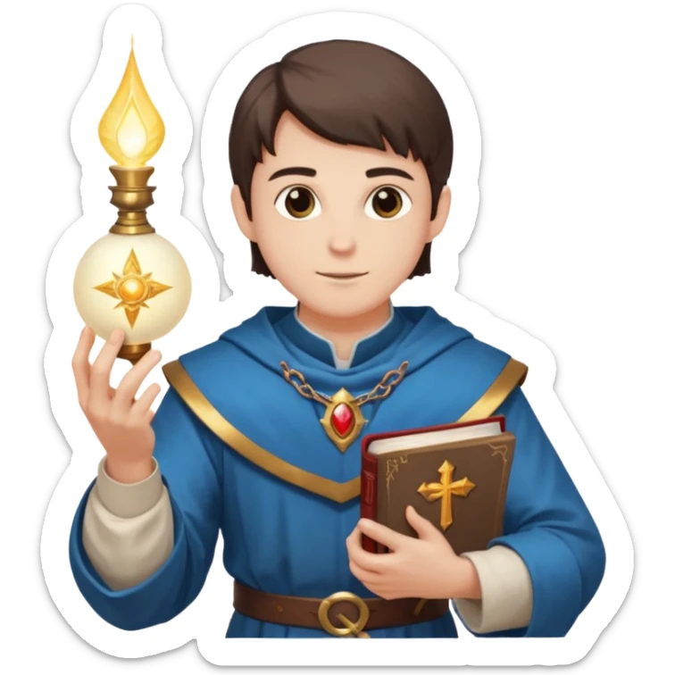 dnd cleric holding a holy book in one hand and having a ball of light in the other sticker