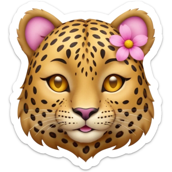 eyes closed, A leopard with peaceful smile, A pink flower with a yellow center is tucked behind its right ear
 sticker
