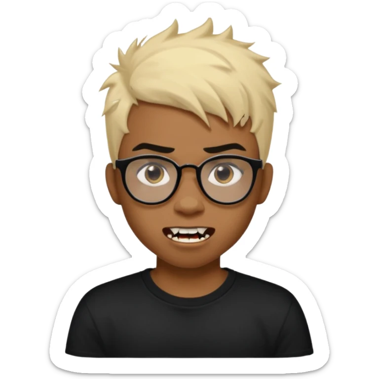 Black Male Teenager with Short punk messy blonde hair, Dark brown bushy eyebrows large expressive golden-brown eyes, wearing a plain white t-shirt, wearing thick black glasses, Dark Brown skin color. Showing off his vampire tooth sticker