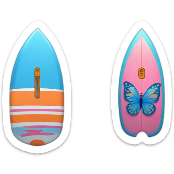 (A surfboard Cartoon Blue and orange smiling) and a (mikrophone Cartoon Blue and pink with butterfly) sticker