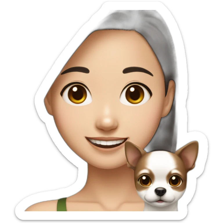 Asian Girl with brown hair white strands of hair and smiling and small black chiwawa  sticker