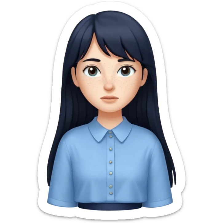 hair : black long hair with fringe 
skin : light with freckelt
cloth : oversize light blue shirt + navy long long skirt 
 sticker