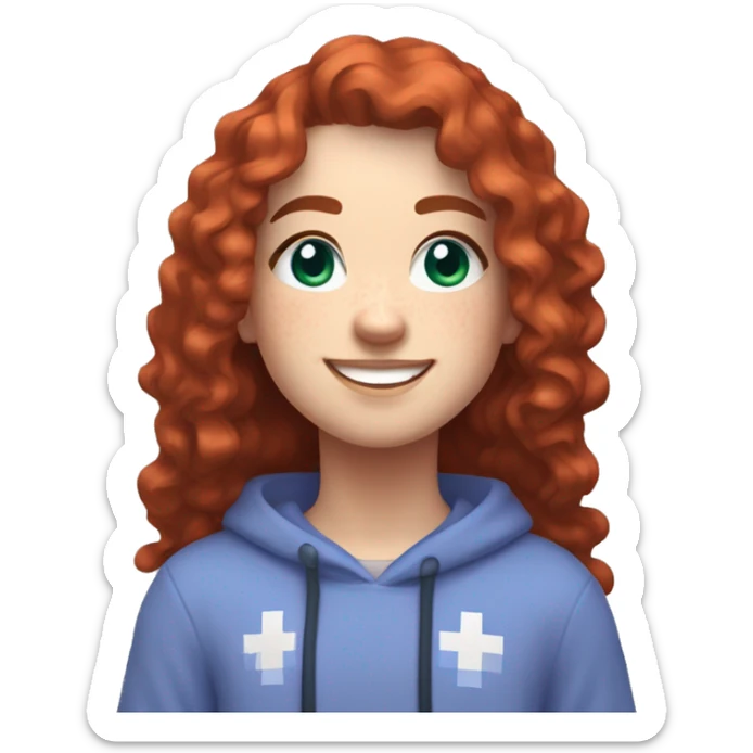 a white girl with long red curly hair and freckles, wearing periwinkle Minecraft hoodie playing a videogame smiling sticker