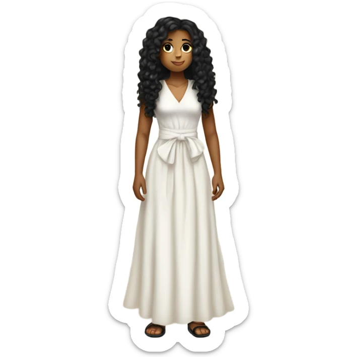 Tan girl with black long curly hair and white tied dress full body sticker