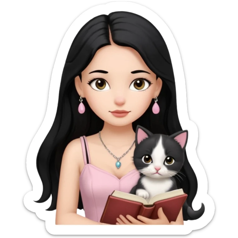 Menina branca ,cabelos pretos longos, olhos pretos puxados para cima. Cílios longos, lábios grossos ,nariz pequeno ,vestido rosa claro de alça. Colar e brinco bem pequeno. Lendo um livro com gatinho preto e branco. sticker