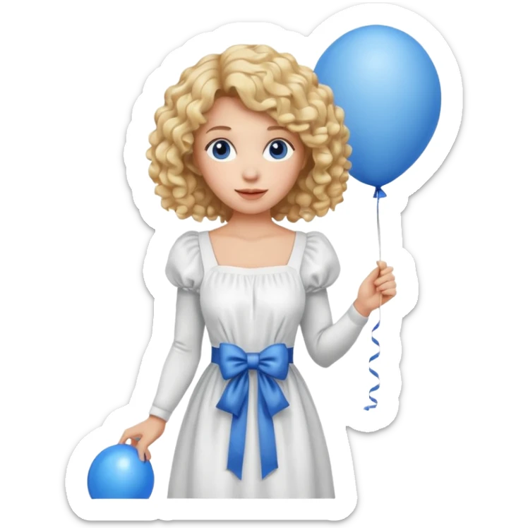 Woman curly blonde with blue balloon, white dress sticker