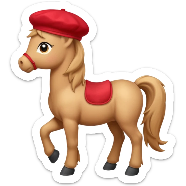 Adorable cartoon pony (small horse) emoji, full body, standing in profile view facing sideways. It has big, sparkling eyes and a friendly smile. It is wearing a cute red beret tilted to one side.  sticker