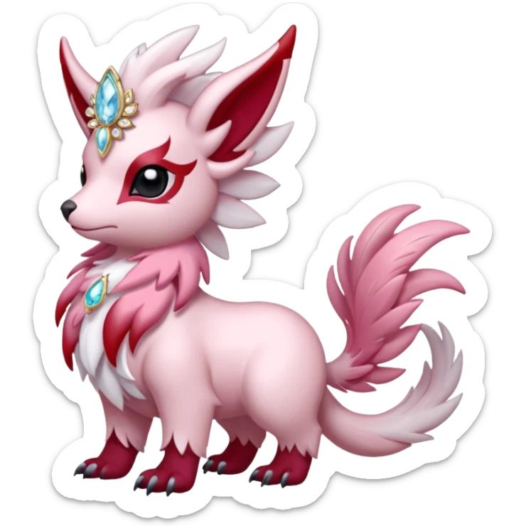 Floral feathery pastel pink and ruby-jewelry-adorned Absol-Amaura-fusion-Fakemon-animal-creature  sticker