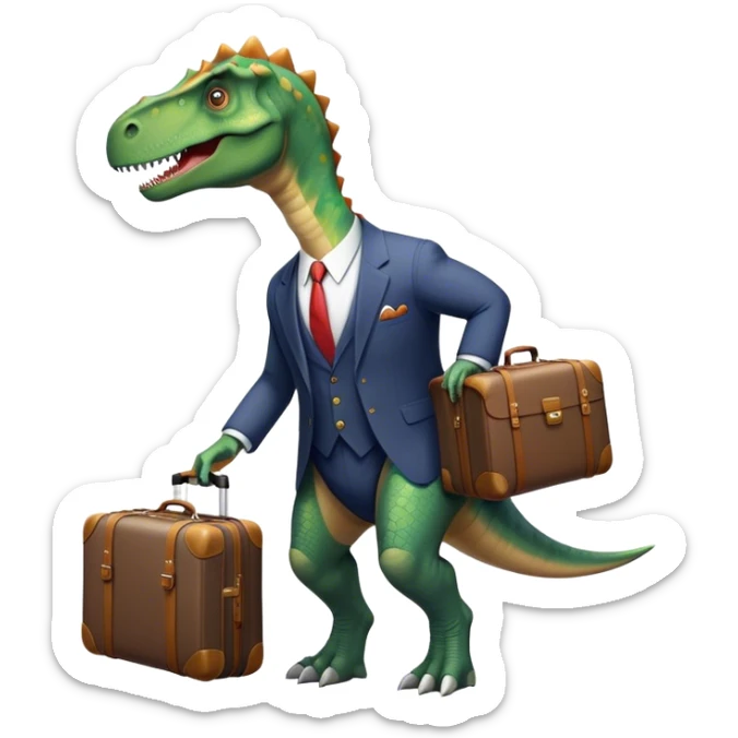 office Dinosaur in a suit, a huge luggage full of papers, trip sticker