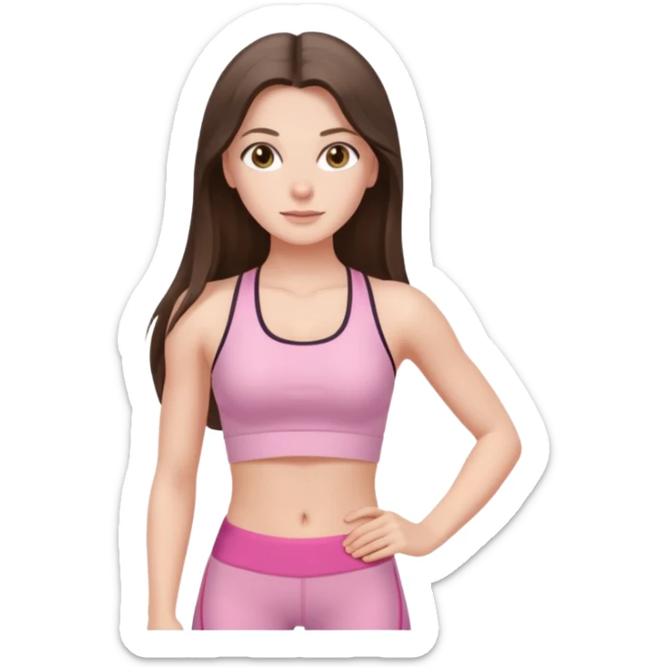 white brunette girl long hair with hazel eyes in light pink workout with small waist sticker