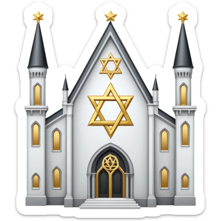 reform jewish synagogue similar in architecture to historical religious architecture in europe. the building should be white with silver/golden features, gothic architectural elements and star of david. no crosses. the emoji should be in ios emoji style. sticker