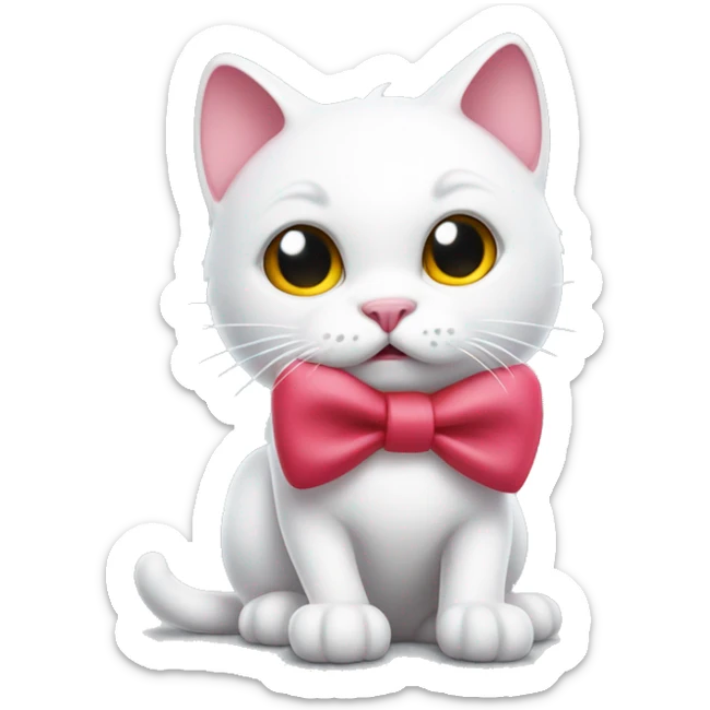 A white cartoon cat h k with a red bow on its left ear, looking unwell, a pink liquid out of his mouth sticker