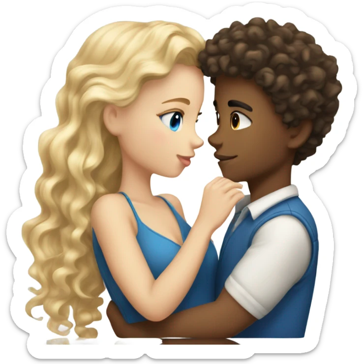 blonde blue eyed girl kissing mixed boy with curly brown hair sticker