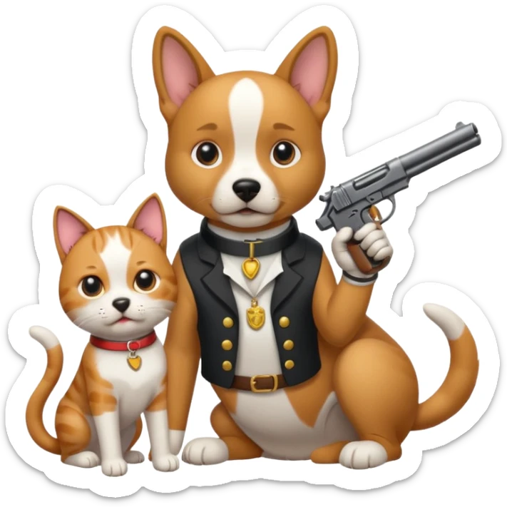 A dog cat, a dog holding a gun, a dog, a dog holding a gun sticker