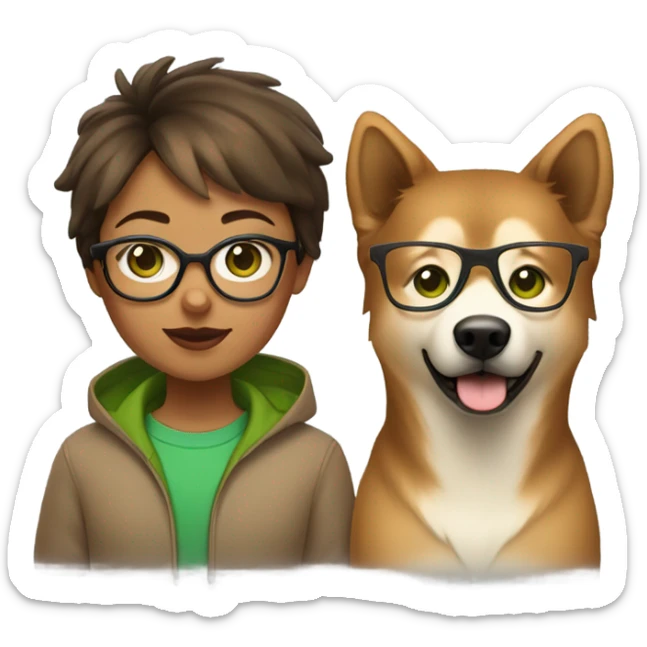 Brown light short hair Girl aux Green eyes with glasses Green eyes and eurasier dog  sticker