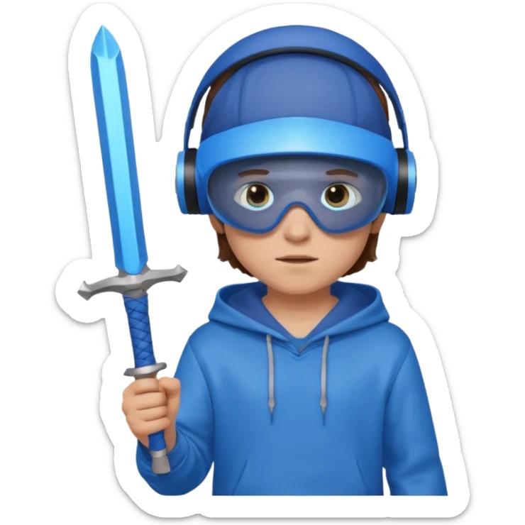 a boy with brown hair, a blue vr headset. a blue hoodie and a blue sword and remove the cap sticker